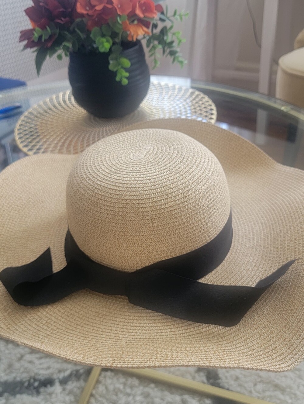 Classic Wide-Brim Straw Sun Hat with Black Ribbon